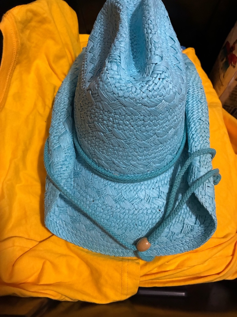 Light Blue Woven Straw Sun Hat with Chin Cord